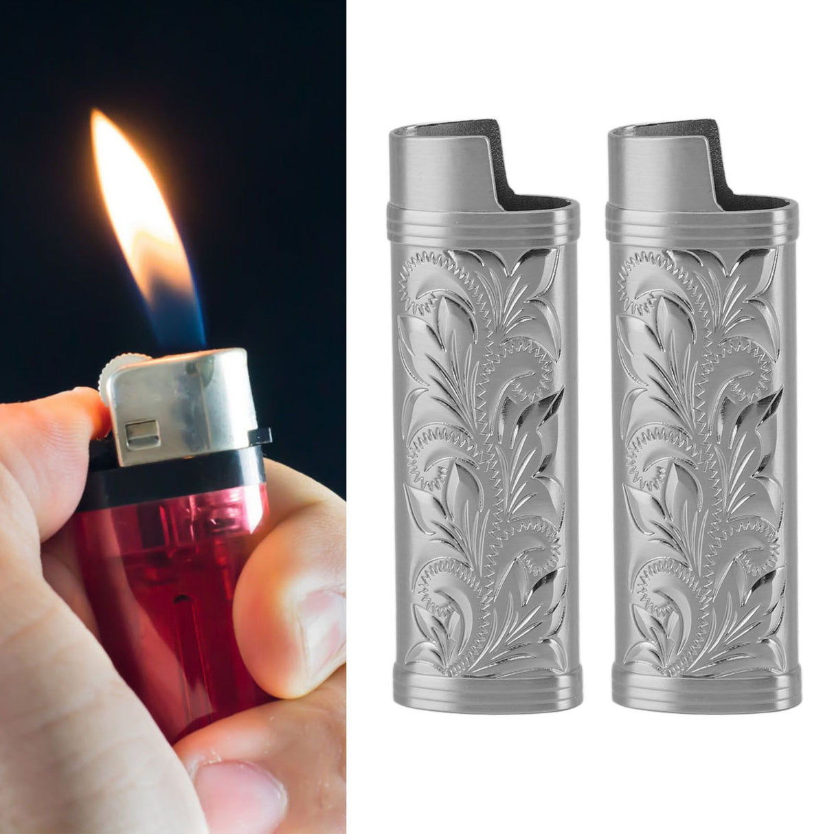 2Pcs Lighter Case Zinc Alloy Lighter Storage Container Floral Pattern for Outdoor Camping Hiking Grey