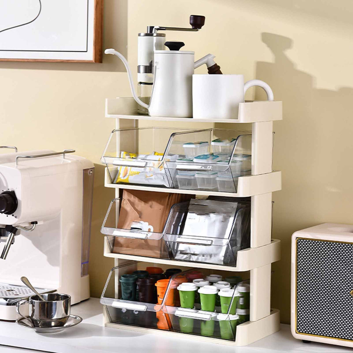 Tea Bag Organizer Office Bar Desktop Tea Bag Coffee Capsule Storage Rack Multilayer Countertop Organizer Cream White 4 Layer 30x17x42.5cm