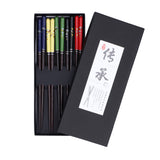 5 Pairs Chopsticks Wood Reusable Butterfly Flower Printing Gift Box Pointed Chopsticks for Restaurant Hotel - Front View
