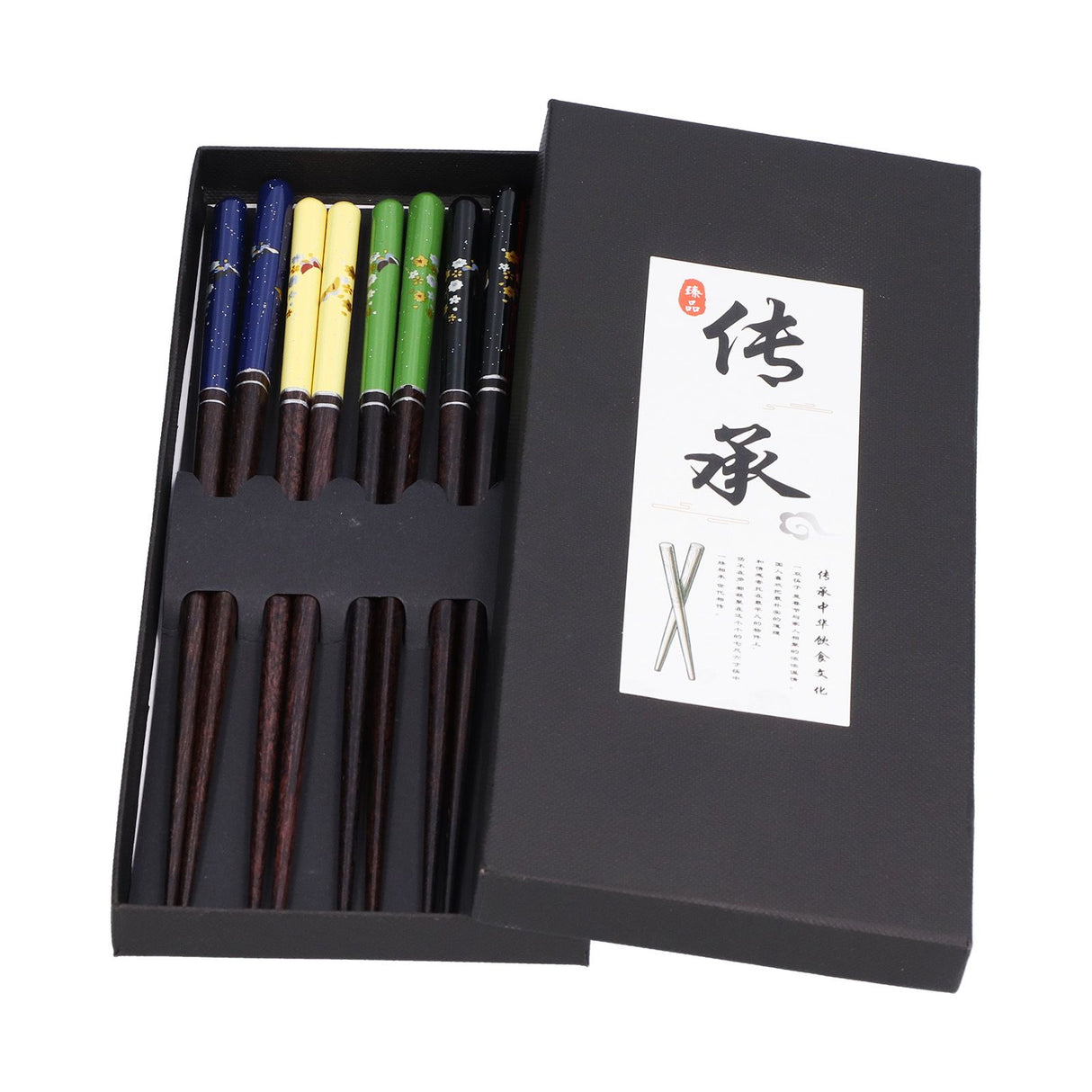 5 Pairs Chopsticks Wood Reusable Butterfly Flower Printing Gift Box Pointed Chopsticks for Restaurant Hotel