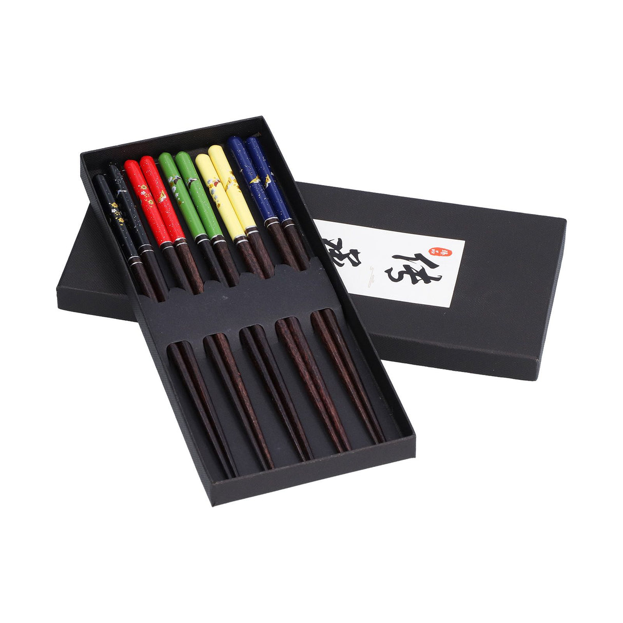 5 Pairs Chopsticks Wood Reusable Butterfly Flower Printing Gift Box Pointed Chopsticks for Restaurant Hotel