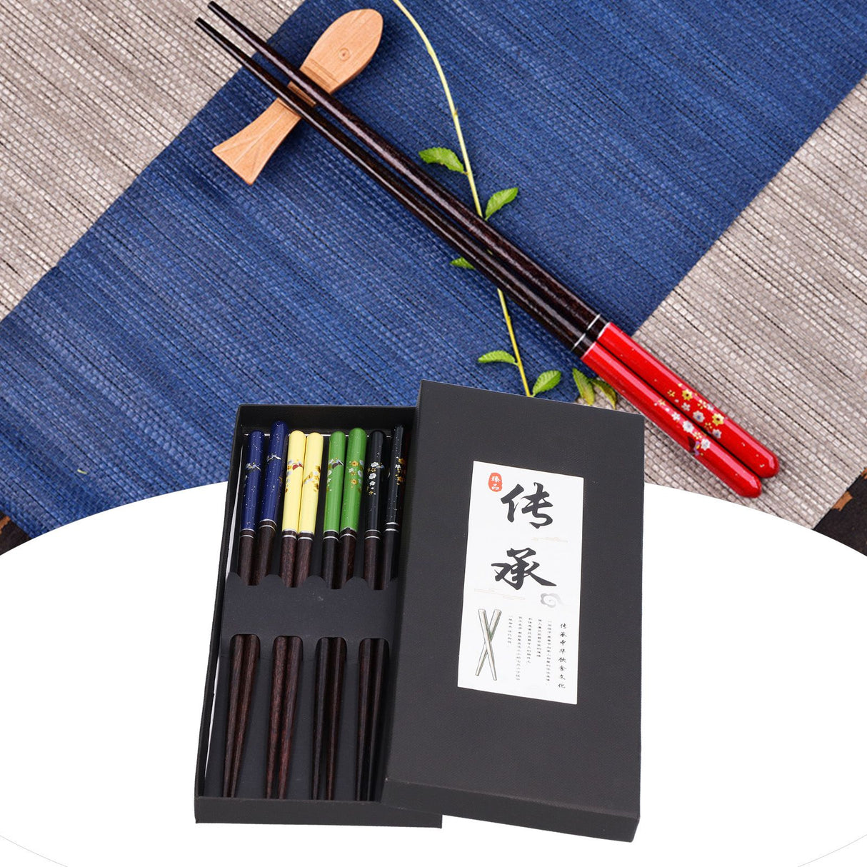 5 Pairs Chopsticks Wood Reusable Butterfly Flower Printing Gift Box Pointed Chopsticks for Restaurant Hotel