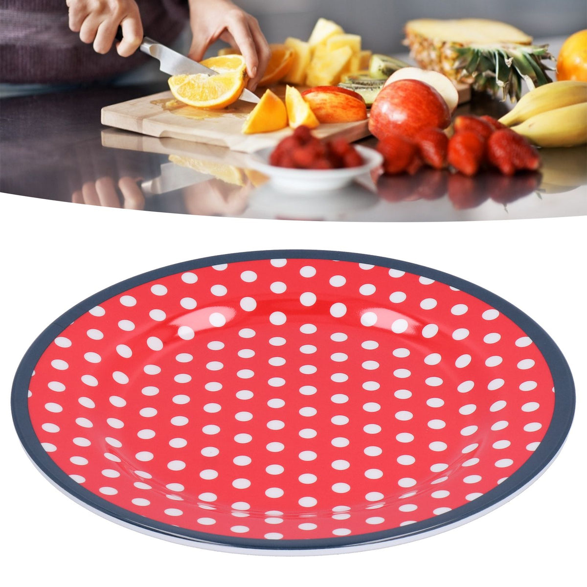 9in Imitation Porcelain Dinner Plate Decorative Reusable Snack Plate Lightweight Tableware for Cakes FruitRed Dot