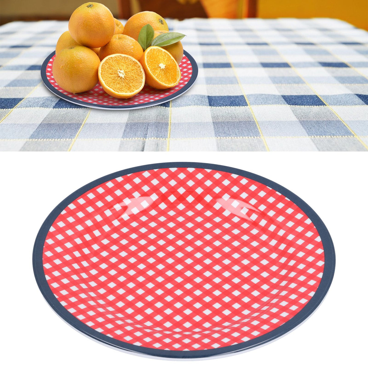 9in Imitation Porcelain Dinner Plate Decorative Reusable Snack Plate Lightweight Tableware for Cakes FruitRed Grid