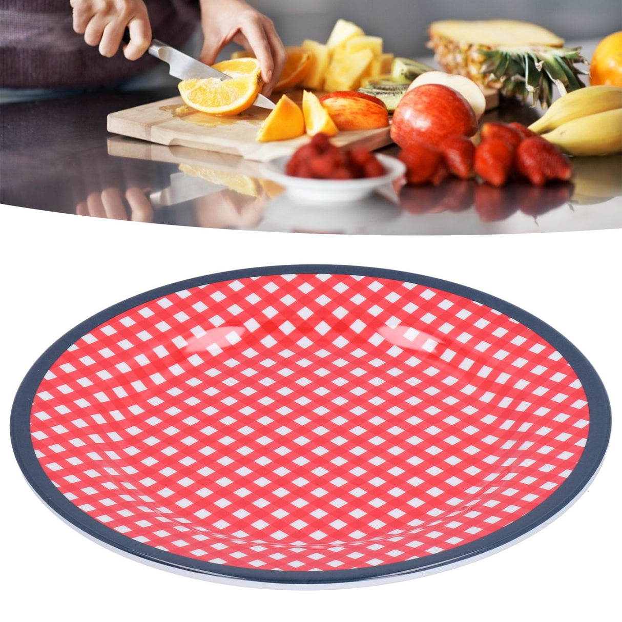 9in Imitation Porcelain Dinner Plate Decorative Reusable Snack Plate Lightweight Tableware for Cakes FruitRed Grid