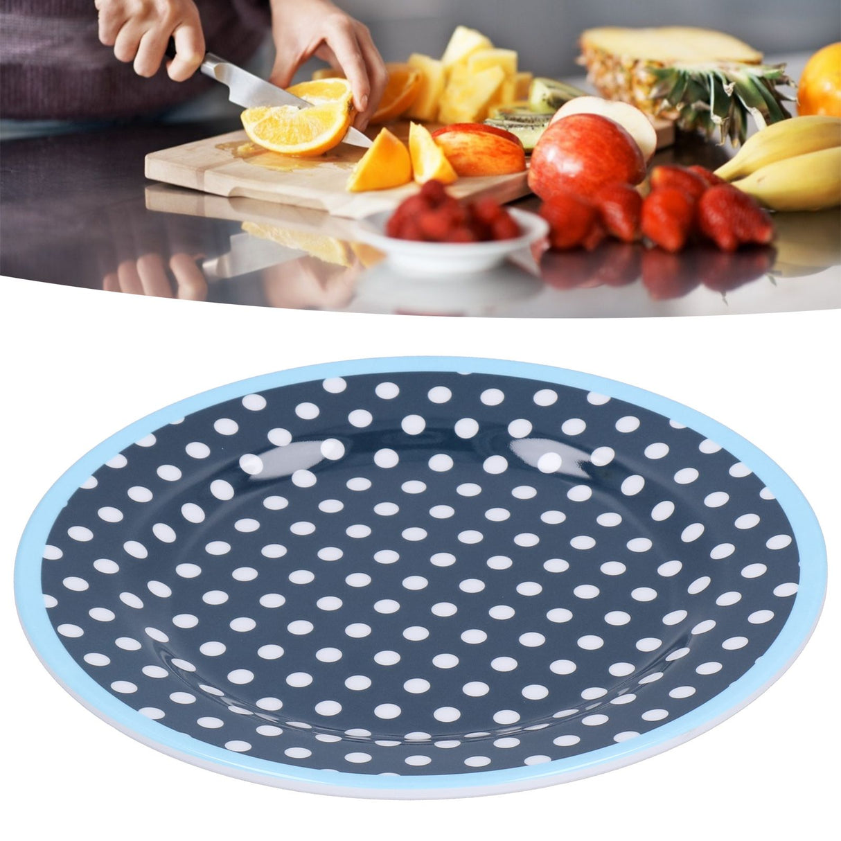 9in Imitation Porcelain Dinner Plate Decorative Reusable Snack Plate Lightweight Tableware for Cakes FruitDark Blue Dot