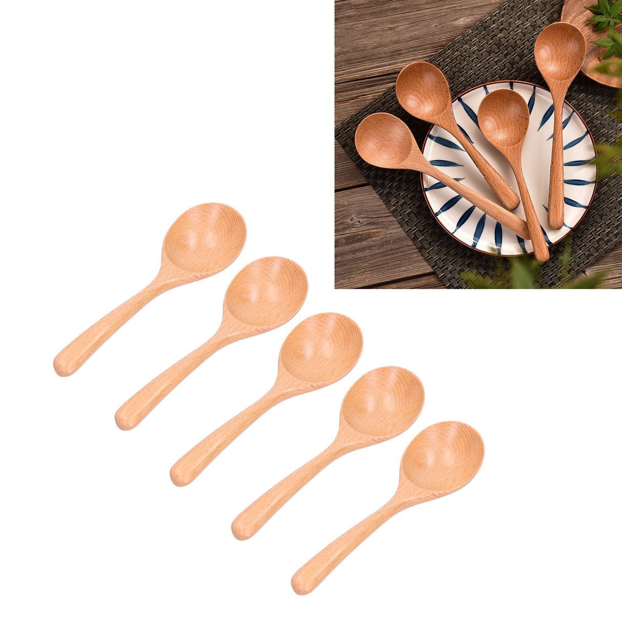 5pcs Wood Spoons Long Handle Wooden Ladle for Mixing Stirring Cooking Utensil ToolLog Color