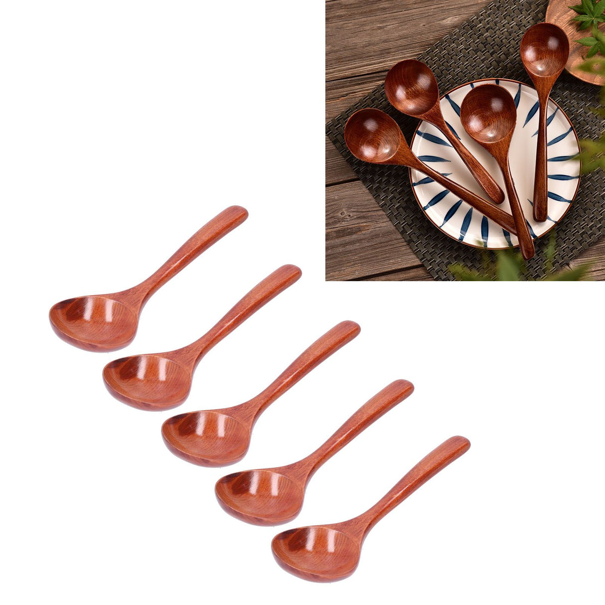 5pcs Wood Spoons Long Handle Wooden Ladle for Mixing Stirring Cooking Utensil ToolDark Color