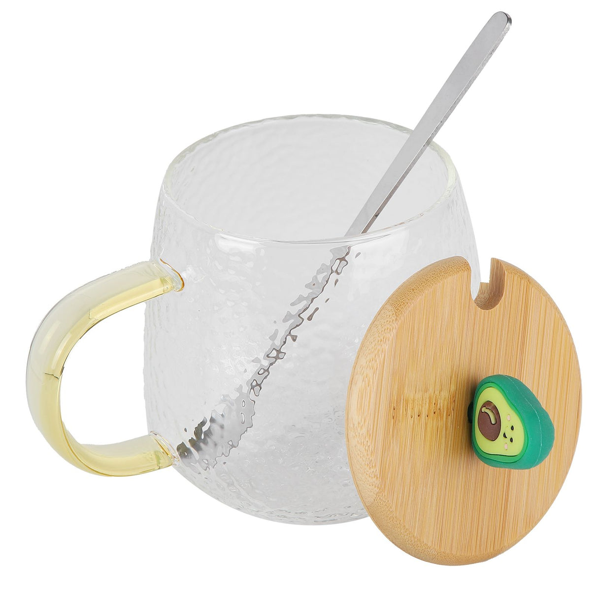 400ml Cute High Borosilicate Glass Cup HeatResistant Mug with Stainless Steel Spoon Bamboo Lid(Avocado )
