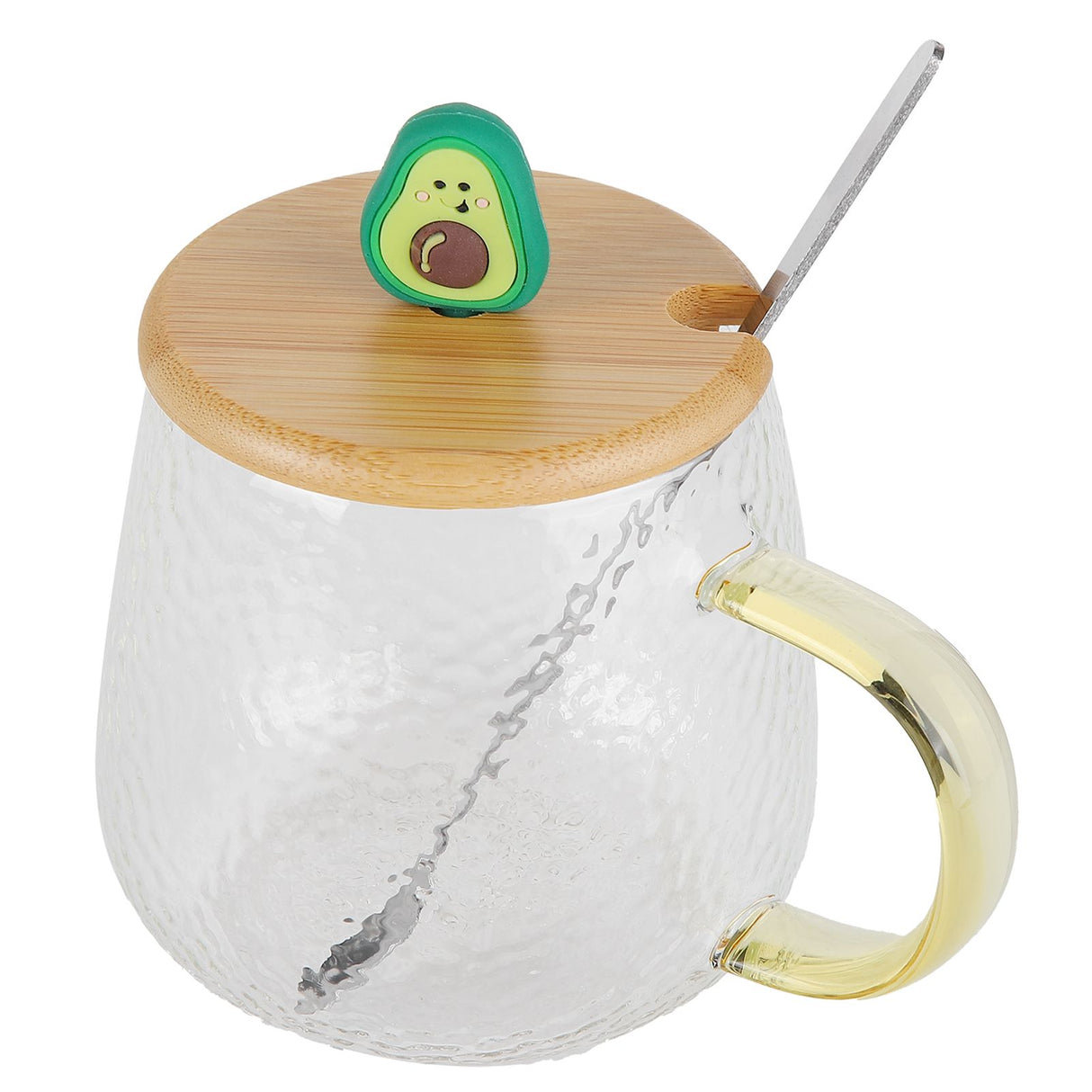 400ml Cute High Borosilicate Glass Cup HeatResistant Mug with Stainless Steel Spoon Bamboo Lid(Avocado )
