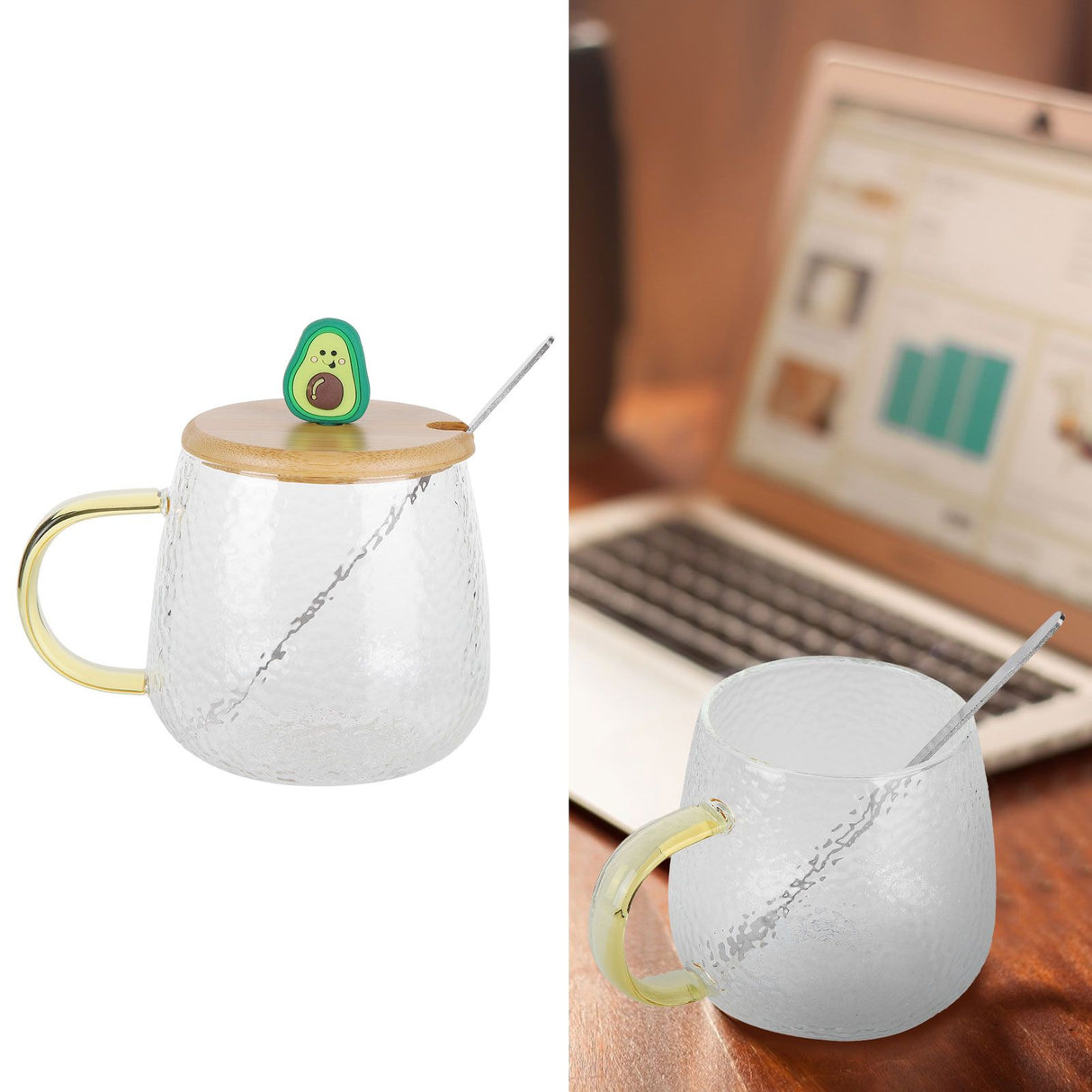400ml Cute High Borosilicate Glass Cup HeatResistant Mug with Stainless Steel Spoon Bamboo Lid(Avocado )