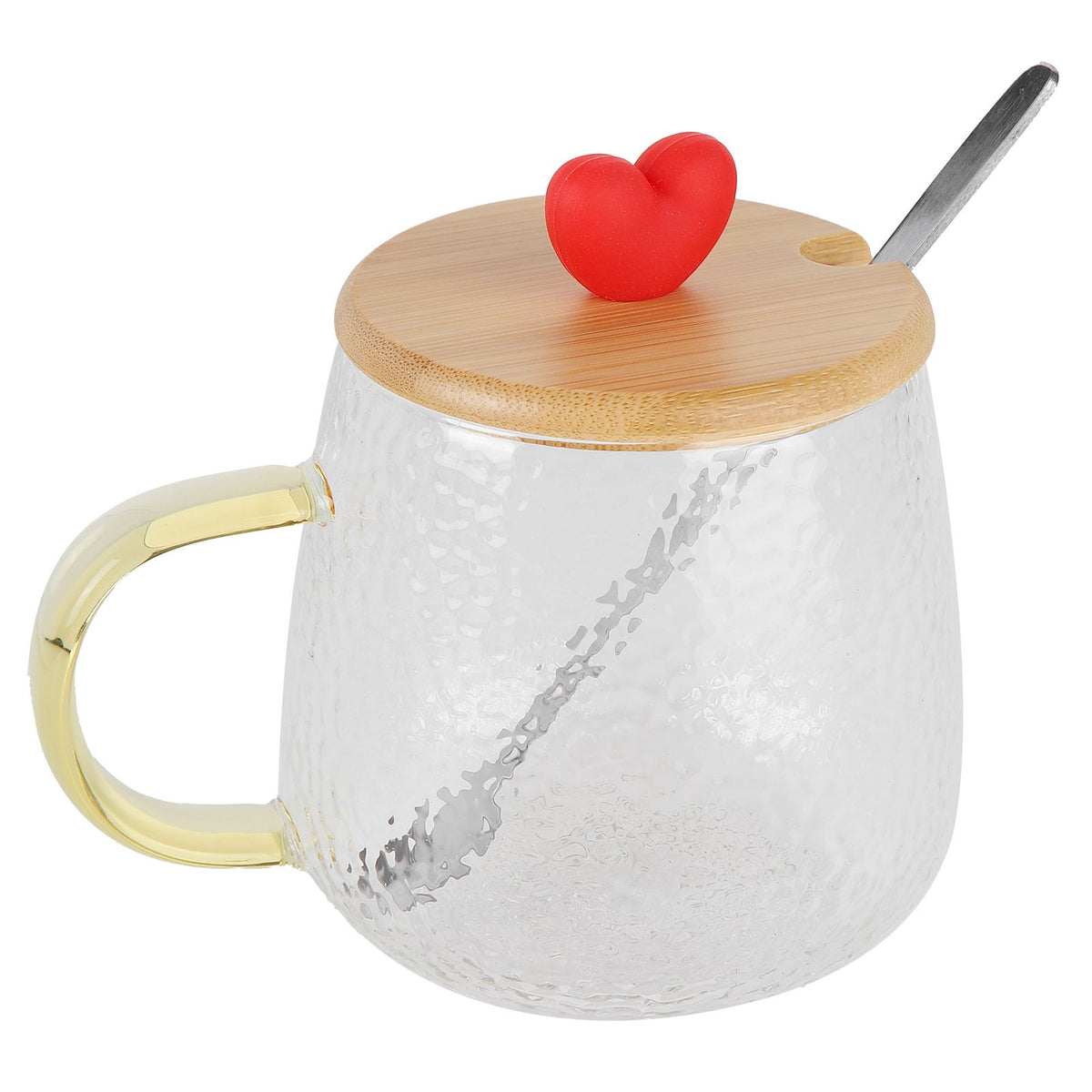 400ml Cute High Borosilicate Glass Cup HeatResistant Mug with Stainless Steel Spoon Bamboo Lid(Love )