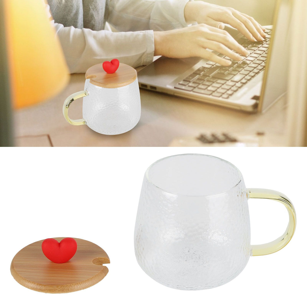 400ml Cute High Borosilicate Glass Cup HeatResistant Mug with Stainless Steel Spoon Bamboo Lid(Love )