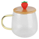 400ml Cute High Borosilicate Glass Cup HeatResistant Mug with Stainless Steel Spoon Bamboo Lid(Strawberry )