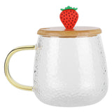 400ml Cute High Borosilicate Glass Cup HeatResistant Mug with Stainless Steel Spoon Bamboo Lid(Strawberry )