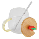 400ml Cute High Borosilicate Glass Cup HeatResistant Mug with Stainless Steel Spoon Bamboo Lid(Strawberry )