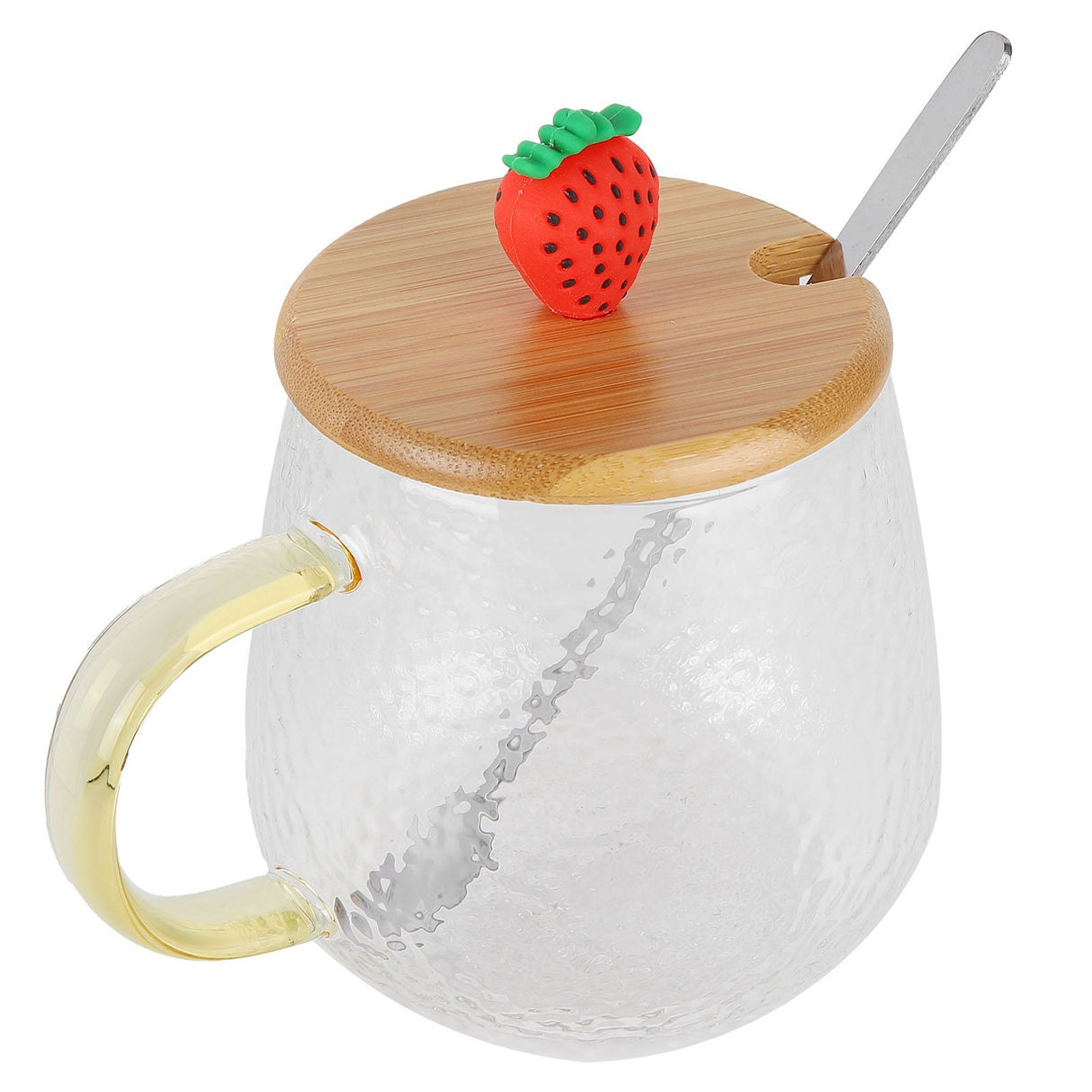 400ml Cute High Borosilicate Glass Cup HeatResistant Mug with Stainless Steel Spoon Bamboo Lid(Strawberry )