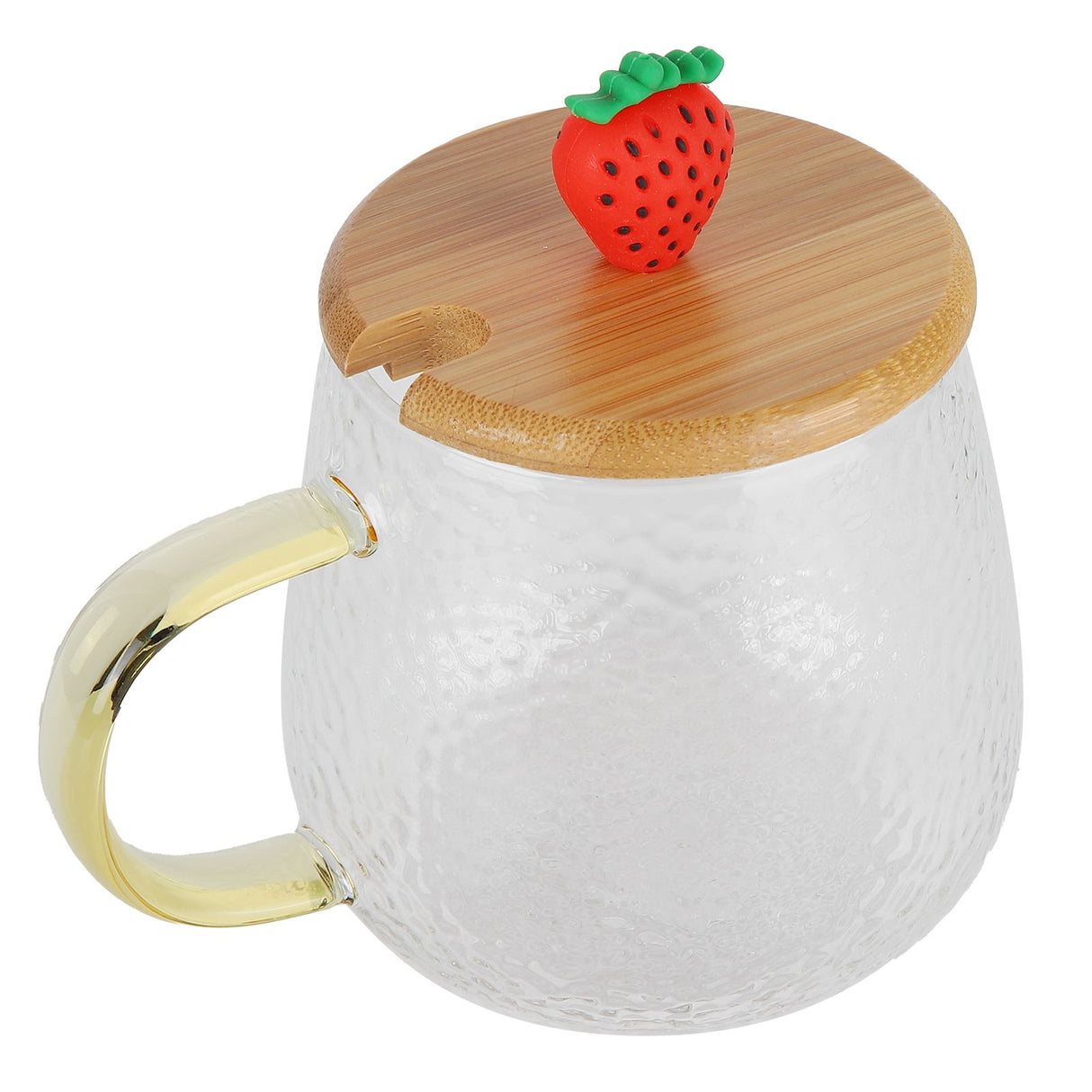 400ml Cute High Borosilicate Glass Cup HeatResistant Mug with Stainless Steel Spoon Bamboo Lid(Strawberry )