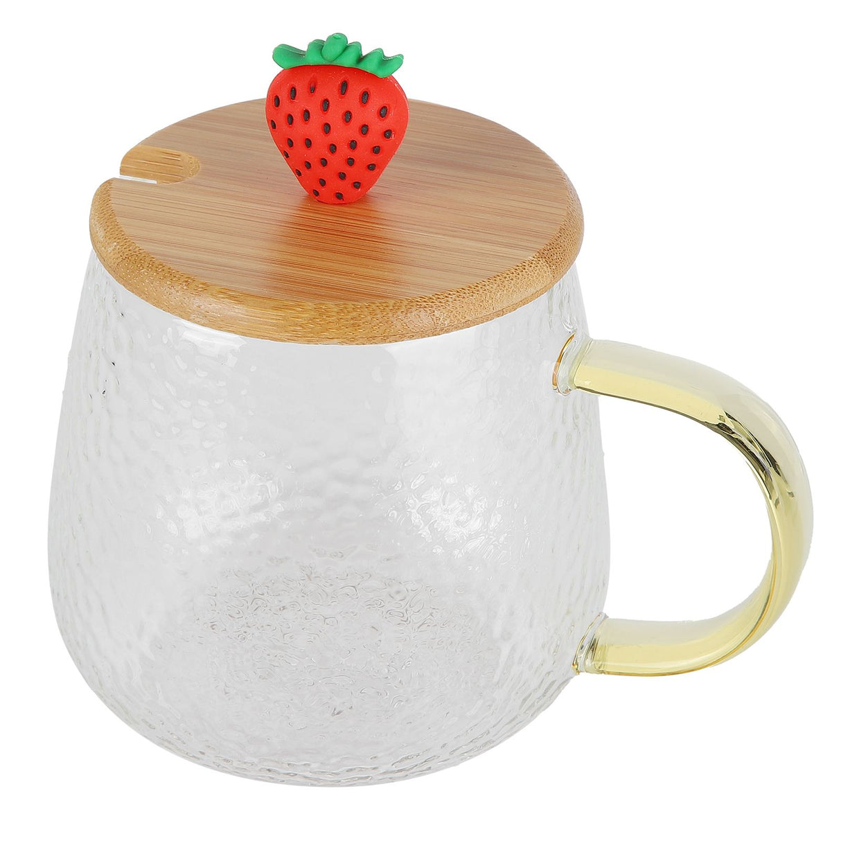 400ml Cute High Borosilicate Glass Cup HeatResistant Mug with Stainless Steel Spoon Bamboo Lid(Strawberry )