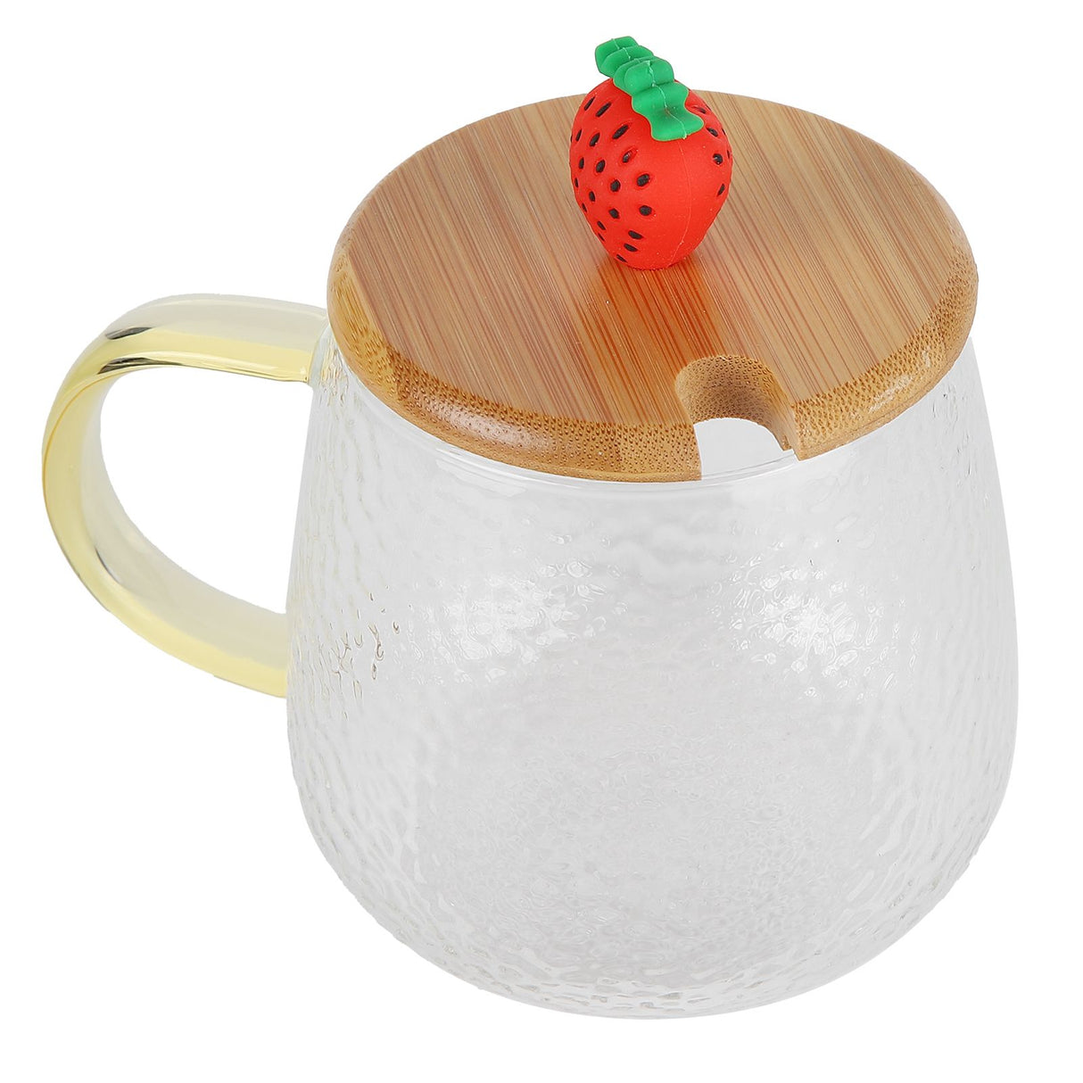400ml Cute High Borosilicate Glass Cup HeatResistant Mug with Stainless Steel Spoon Bamboo Lid(Strawberry )