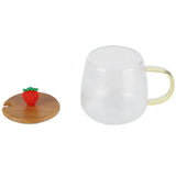 400ml Cute High Borosilicate Glass Cup HeatResistant Mug with Stainless Steel Spoon Bamboo Lid(Strawberry )