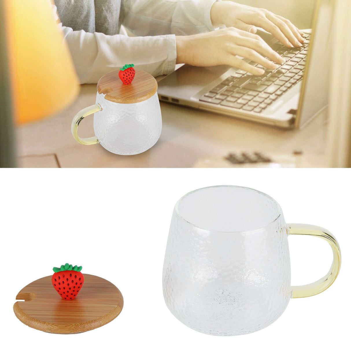 400ml Cute High Borosilicate Glass Cup HeatResistant Mug with Stainless Steel Spoon Bamboo Lid(Strawberry )