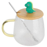 400ml Cute High Borosilicate Glass Cup HeatResistant Mug with Stainless Steel Spoon Bamboo Lid(Dinosaur ) - Close-Up Angle
