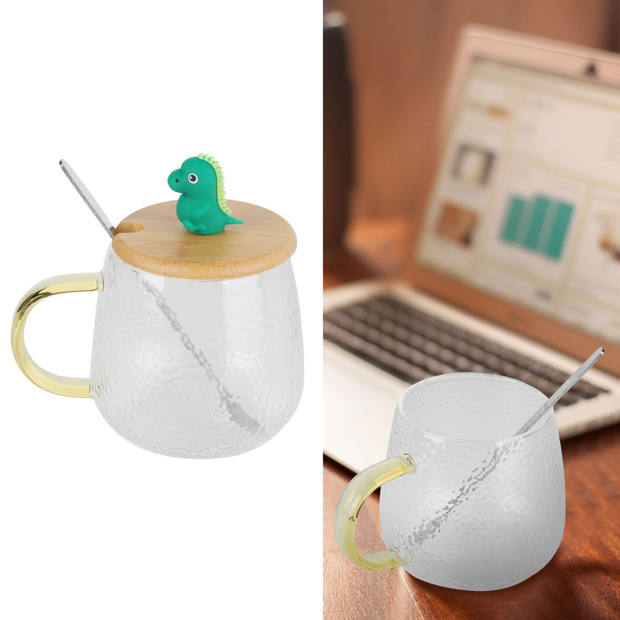 400ml Cute High Borosilicate Glass Cup HeatResistant Mug with Stainless Steel Spoon Bamboo Lid(Dinosaur )
