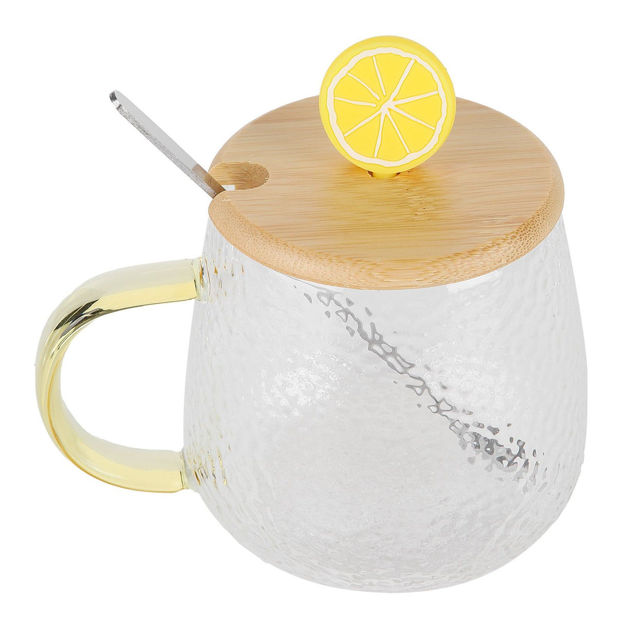 400ml Cute High Borosilicate Glass Cup HeatResistant Mug with Stainless Steel Spoon Bamboo Lid(Lemon )