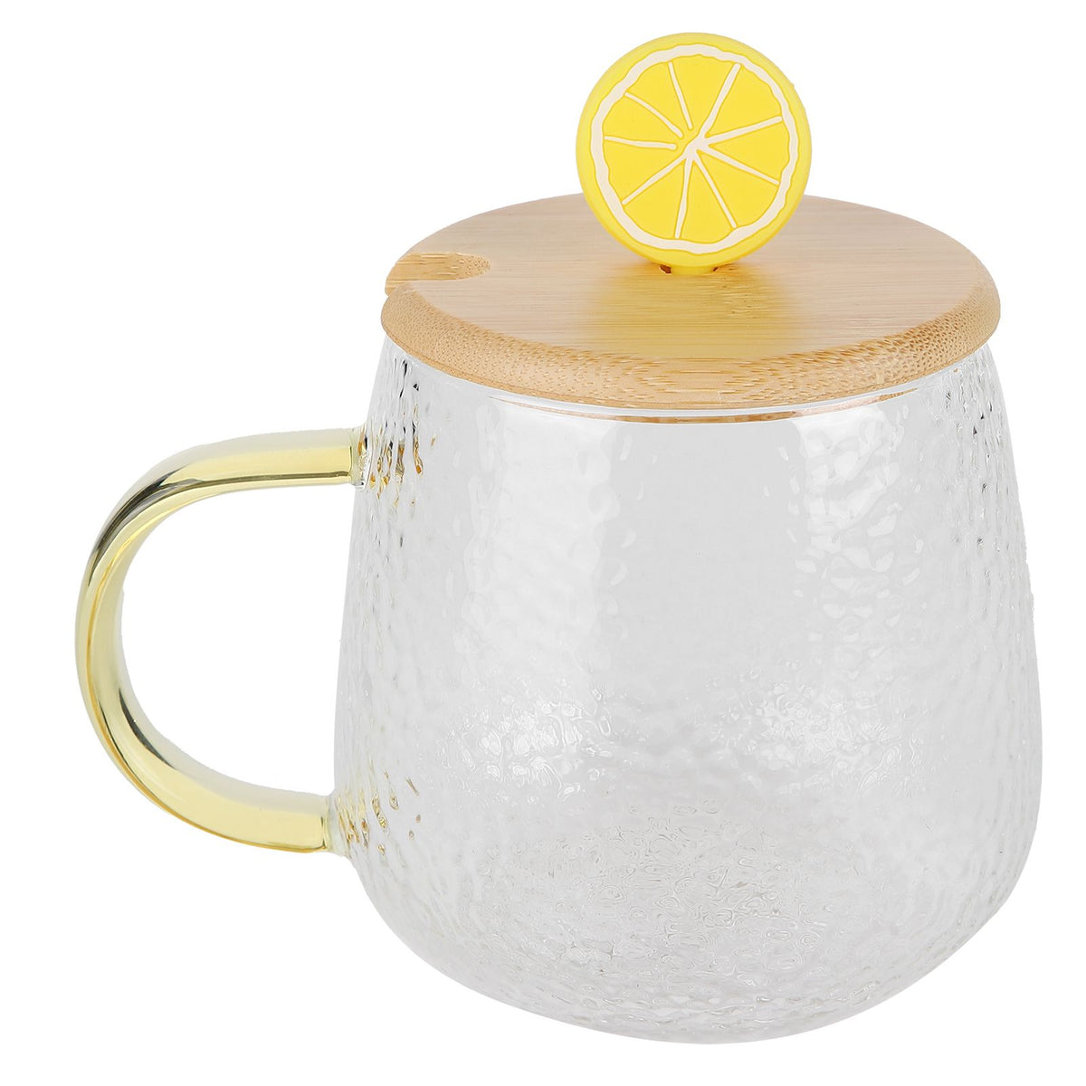 400ml Cute High Borosilicate Glass Cup HeatResistant Mug with Stainless Steel Spoon Bamboo Lid(Lemon )