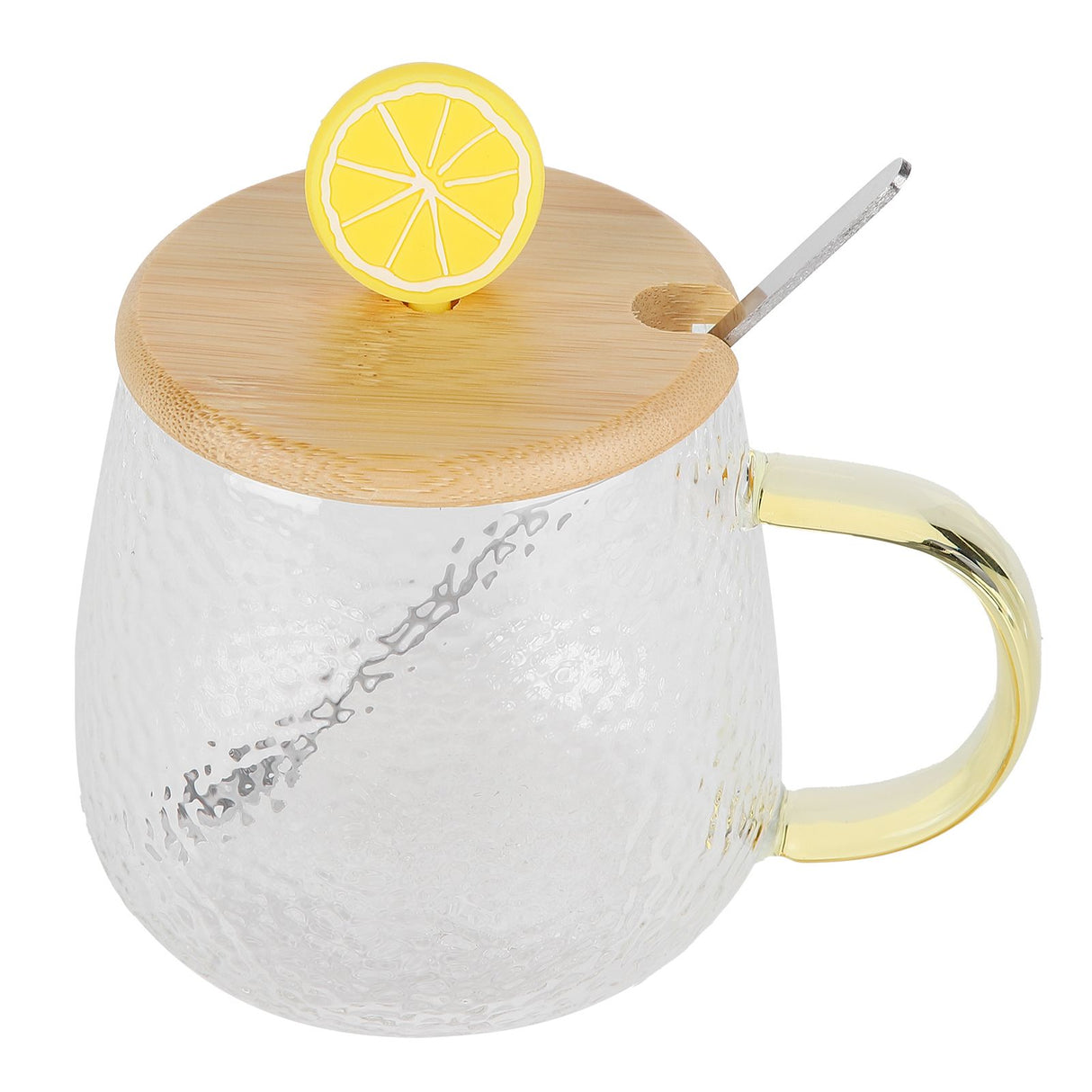 400ml Cute High Borosilicate Glass Cup HeatResistant Mug with Stainless Steel Spoon Bamboo Lid(Lemon )
