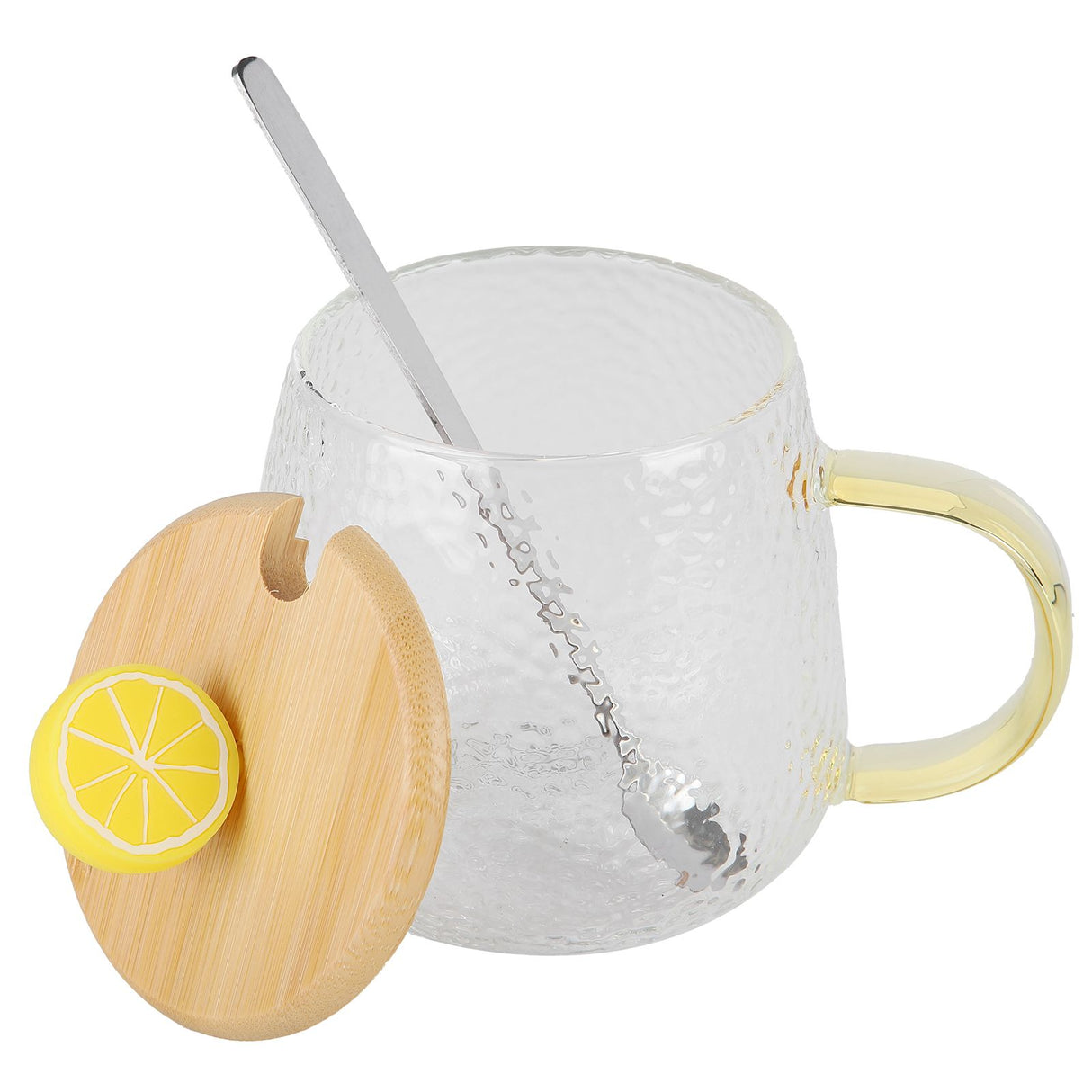 400ml Cute High Borosilicate Glass Cup HeatResistant Mug with Stainless Steel Spoon Bamboo Lid(Lemon )