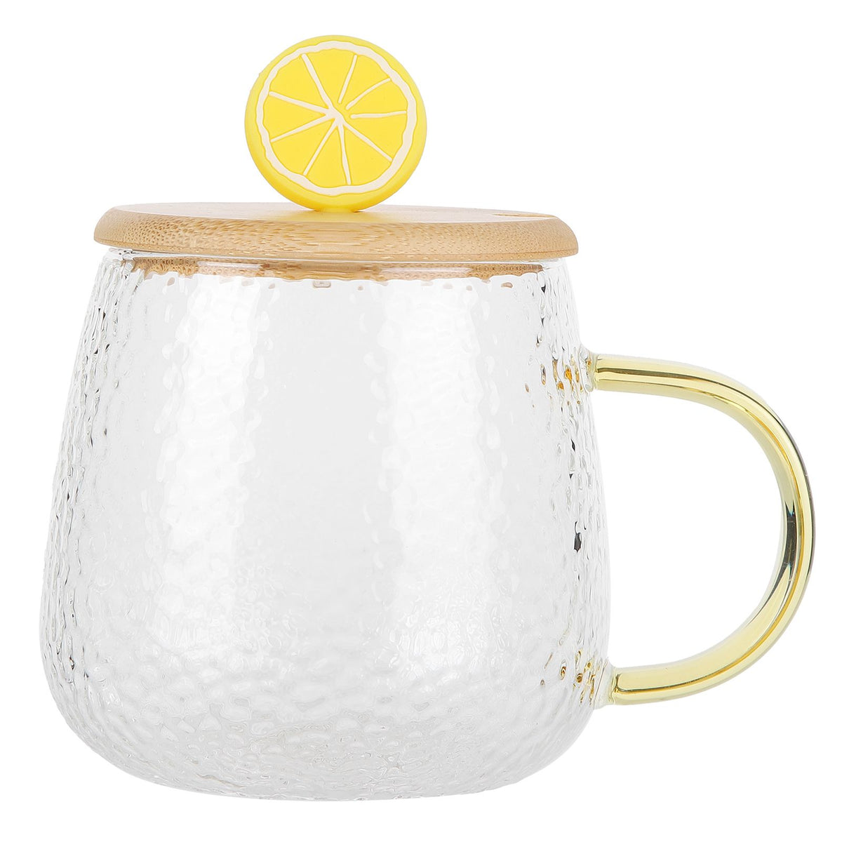 400ml Cute High Borosilicate Glass Cup HeatResistant Mug with Stainless Steel Spoon Bamboo Lid(Lemon )