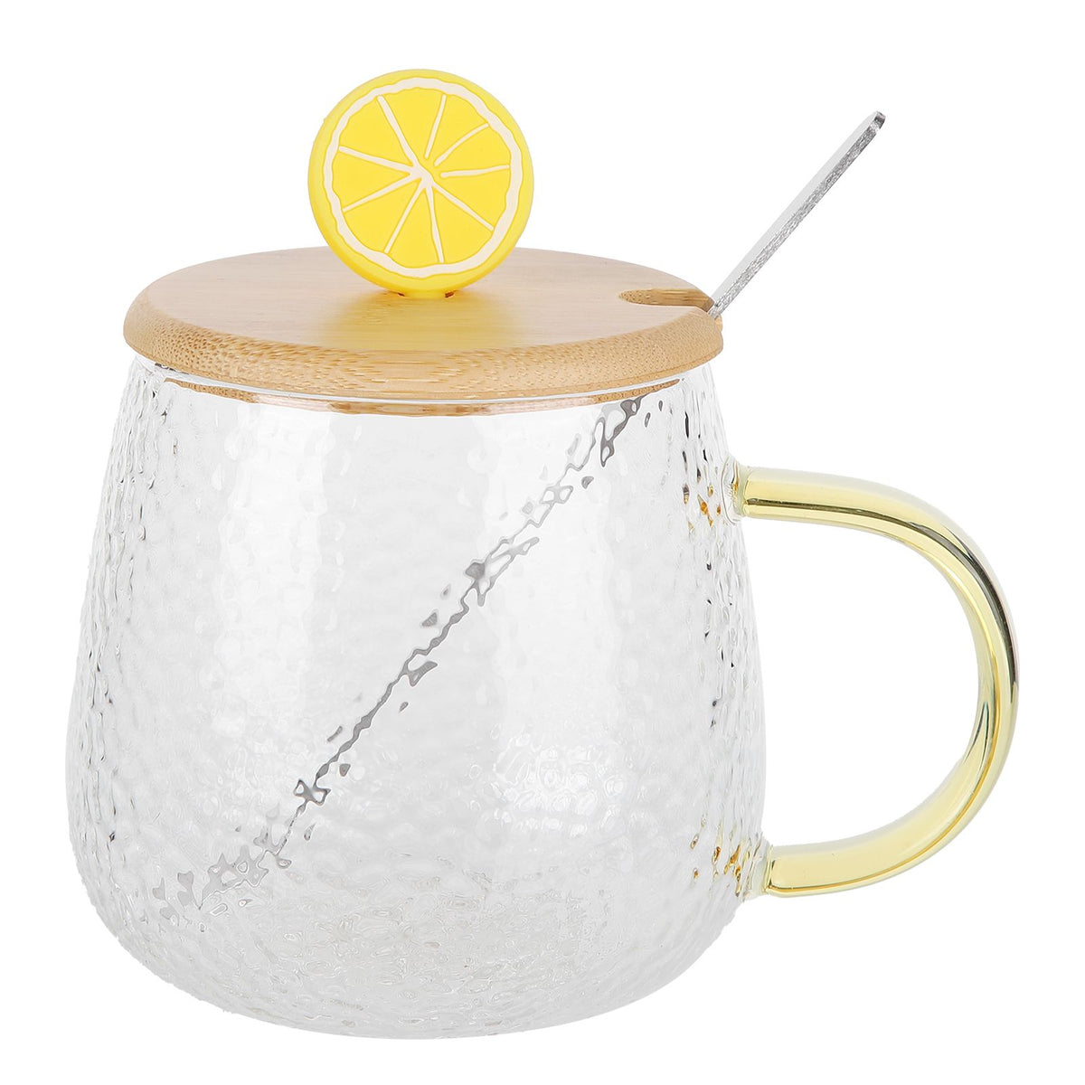 400ml Cute High Borosilicate Glass Cup HeatResistant Mug with Stainless Steel Spoon Bamboo Lid(Lemon )