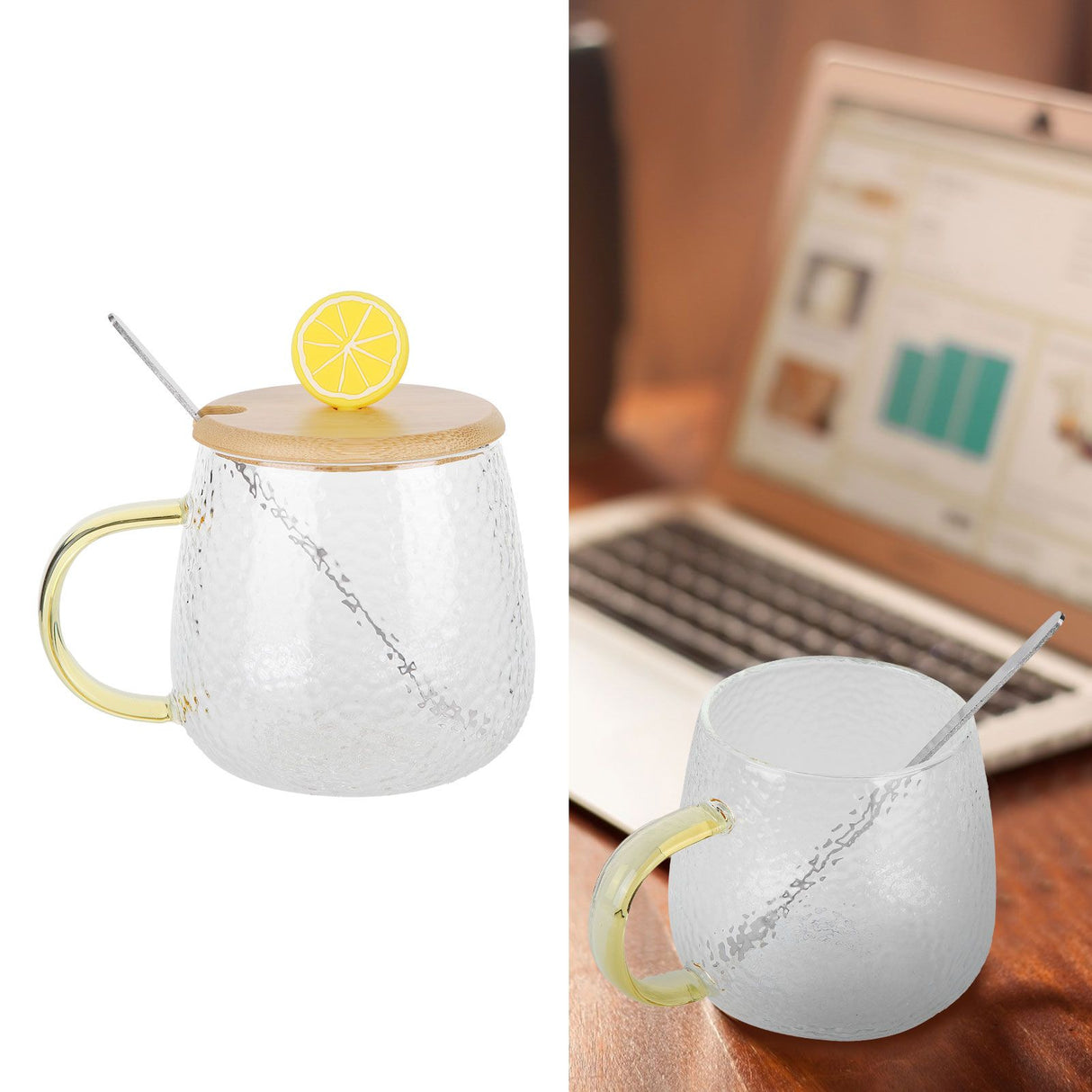 400ml Cute High Borosilicate Glass Cup HeatResistant Mug with Stainless Steel Spoon Bamboo Lid(Lemon )