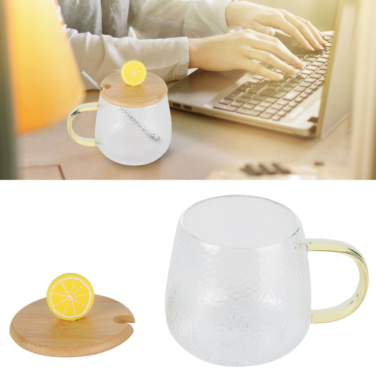 400ml Cute High Borosilicate Glass Cup HeatResistant Mug with Stainless Steel Spoon Bamboo Lid(Lemon )
