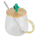 400ml Cute High Borosilicate Glass Cup HeatResistant Mug with Stainless Steel Spoon Bamboo Lid(Cactus )