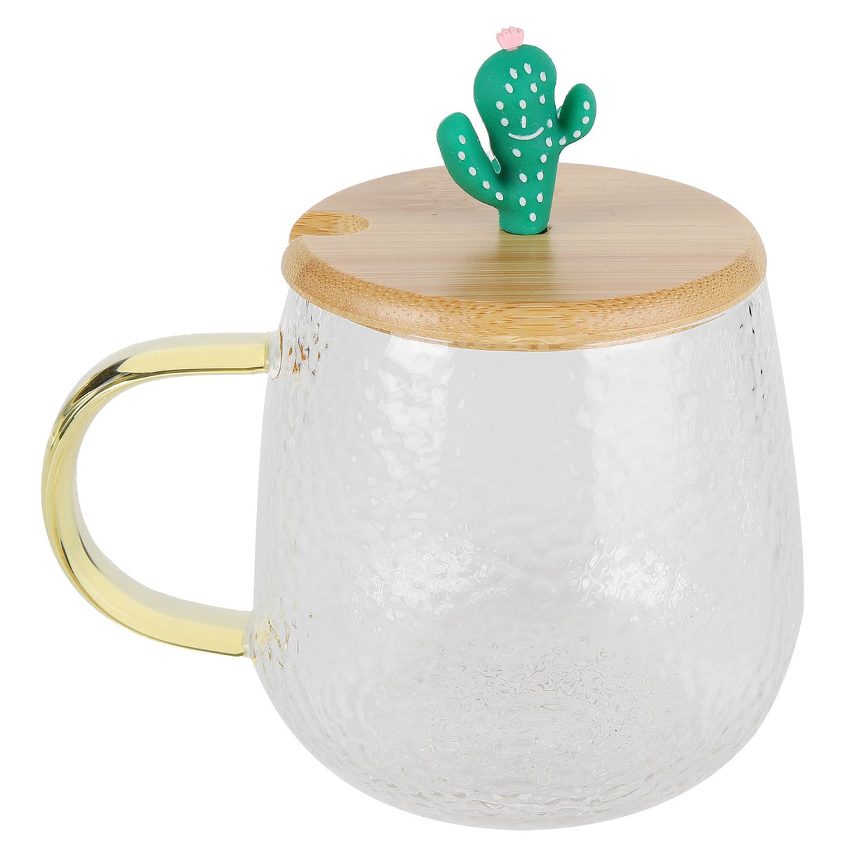 400ml Cute High Borosilicate Glass Cup HeatResistant Mug with Stainless Steel Spoon Bamboo Lid(Cactus )
