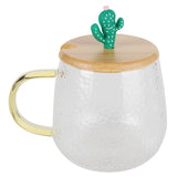 400ml Cute High Borosilicate Glass Cup HeatResistant Mug with Stainless Steel Spoon Bamboo Lid(Cactus ) - Side View