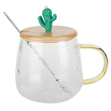400ml Cute High Borosilicate Glass Cup HeatResistant Mug with Stainless Steel Spoon Bamboo Lid(Cactus ) - Top-Down View