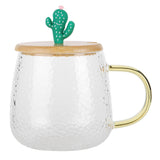 400ml Cute High Borosilicate Glass Cup HeatResistant Mug with Stainless Steel Spoon Bamboo Lid(Cactus )
