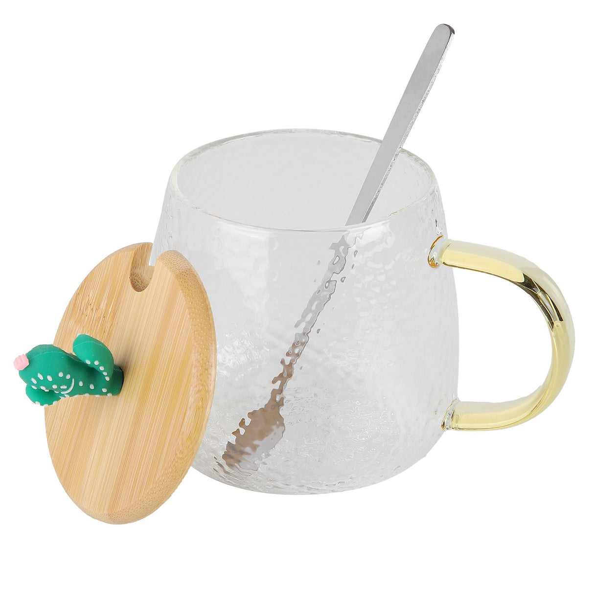 400ml Cute High Borosilicate Glass Cup HeatResistant Mug with Stainless Steel Spoon Bamboo Lid(Cactus )