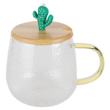 400ml Cute High Borosilicate Glass Cup HeatResistant Mug with Stainless Steel Spoon Bamboo Lid(Cactus )