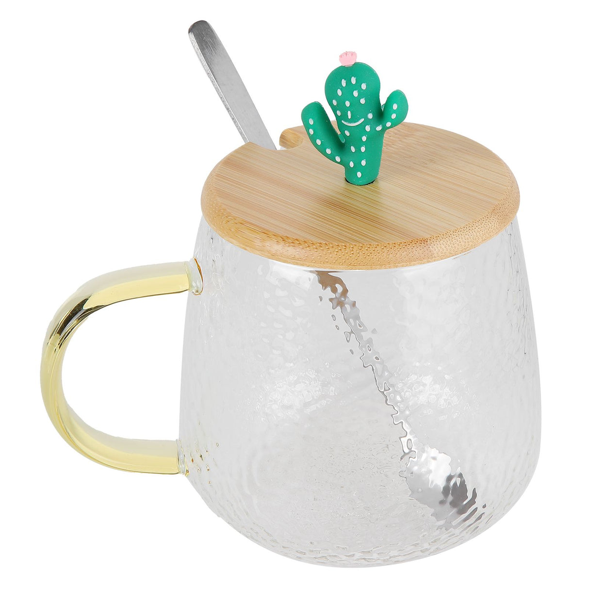 400ml Cute High Borosilicate Glass Cup HeatResistant Mug with Stainless Steel Spoon Bamboo Lid(Cactus )