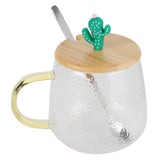 400ml Cute High Borosilicate Glass Cup HeatResistant Mug with Stainless Steel Spoon Bamboo Lid(Cactus )