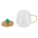 400ml Cute High Borosilicate Glass Cup HeatResistant Mug with Stainless Steel Spoon Bamboo Lid(Cactus )