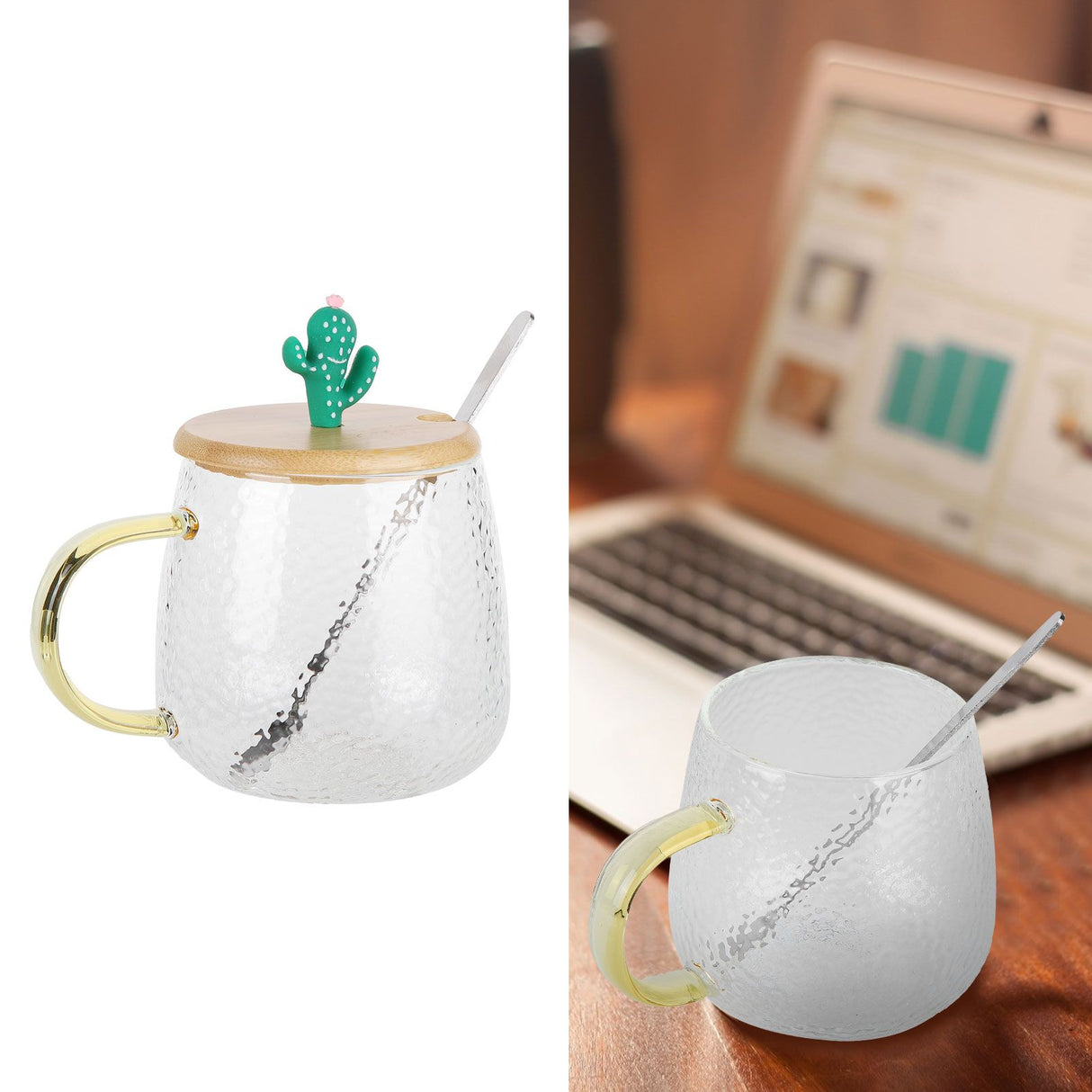 400ml Cute High Borosilicate Glass Cup HeatResistant Mug with Stainless Steel Spoon Bamboo Lid(Cactus )