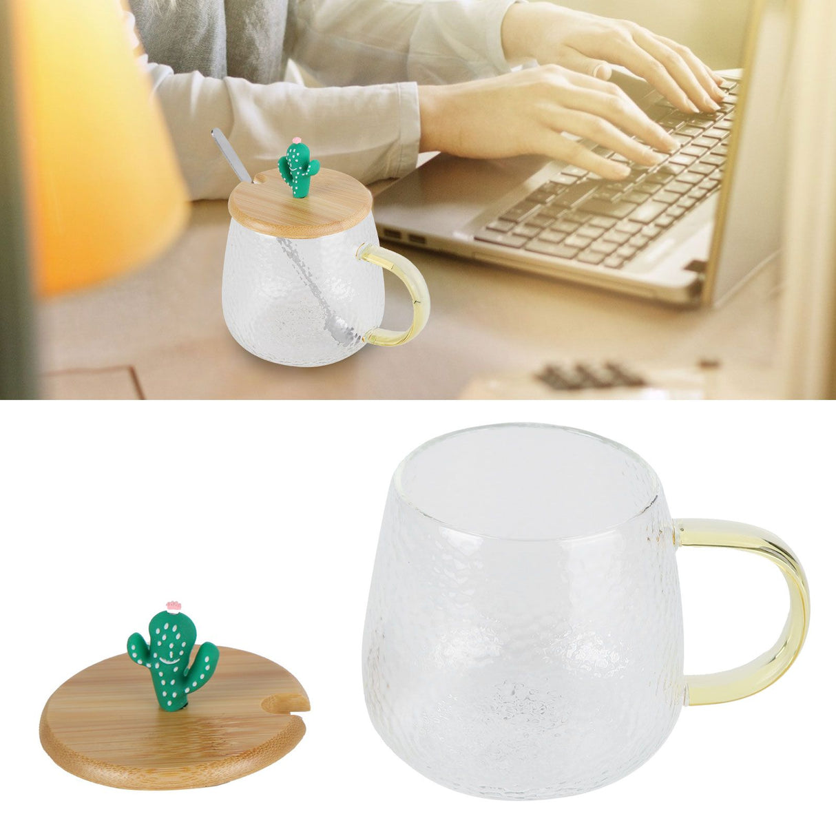 400ml Cute High Borosilicate Glass Cup HeatResistant Mug with Stainless Steel Spoon Bamboo Lid(Cactus )