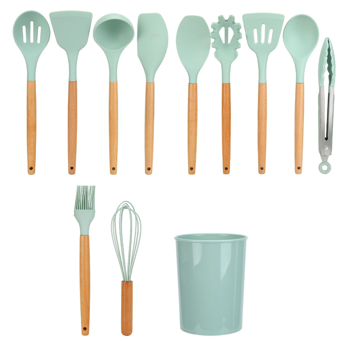 12Pcs/Set Cooking Utensil with Wooden Handle Silicone Cooking Tool for Home KitchenLight Green
