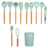 12Pcs/Set Cooking Utensil with Wooden Handle Silicone Cooking Tool for Home KitchenLight Green - Front View
